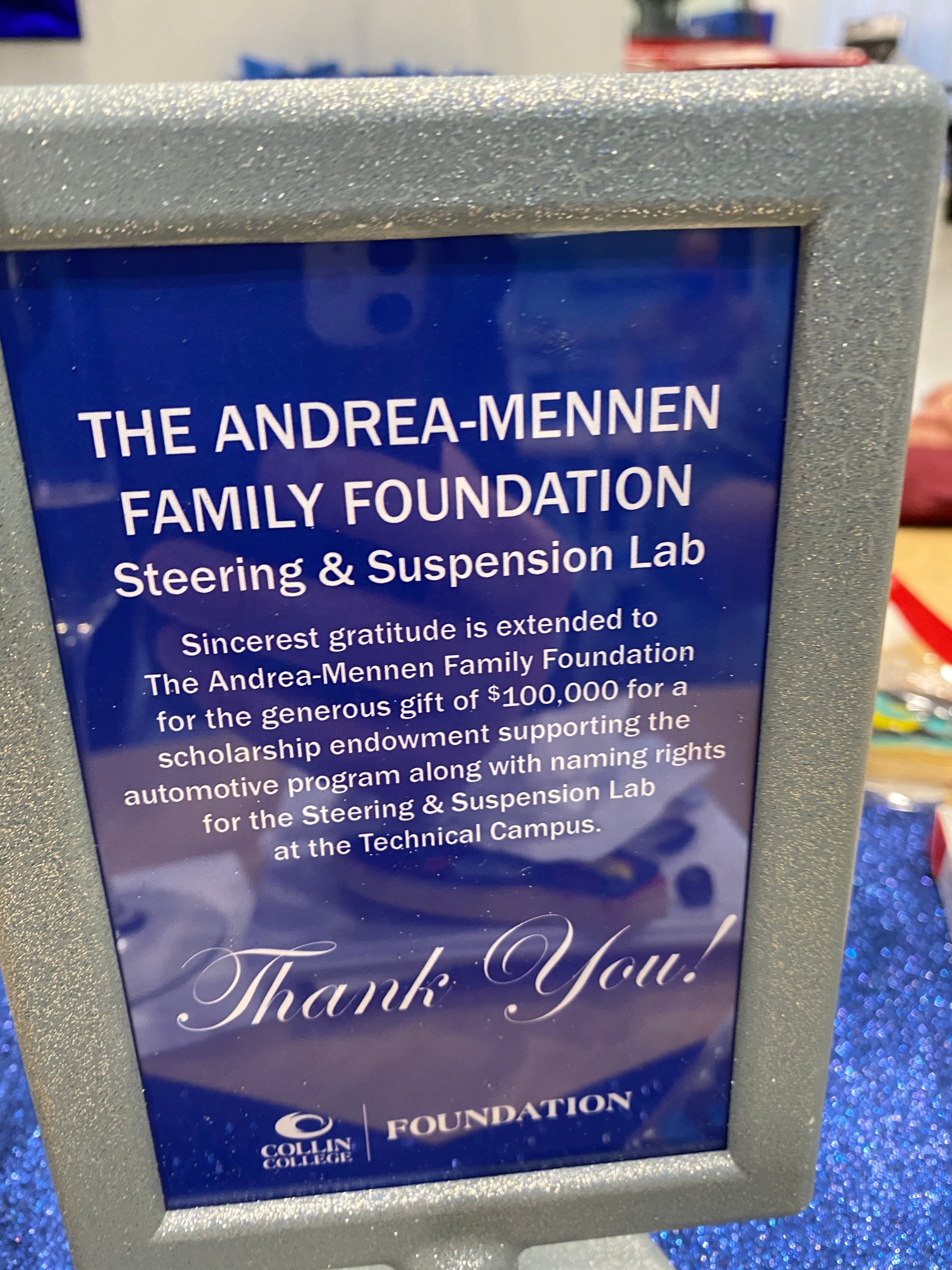 Andrea-Mennen Family Foundation Steering & Suspension Lab dedication plaque at Collin College