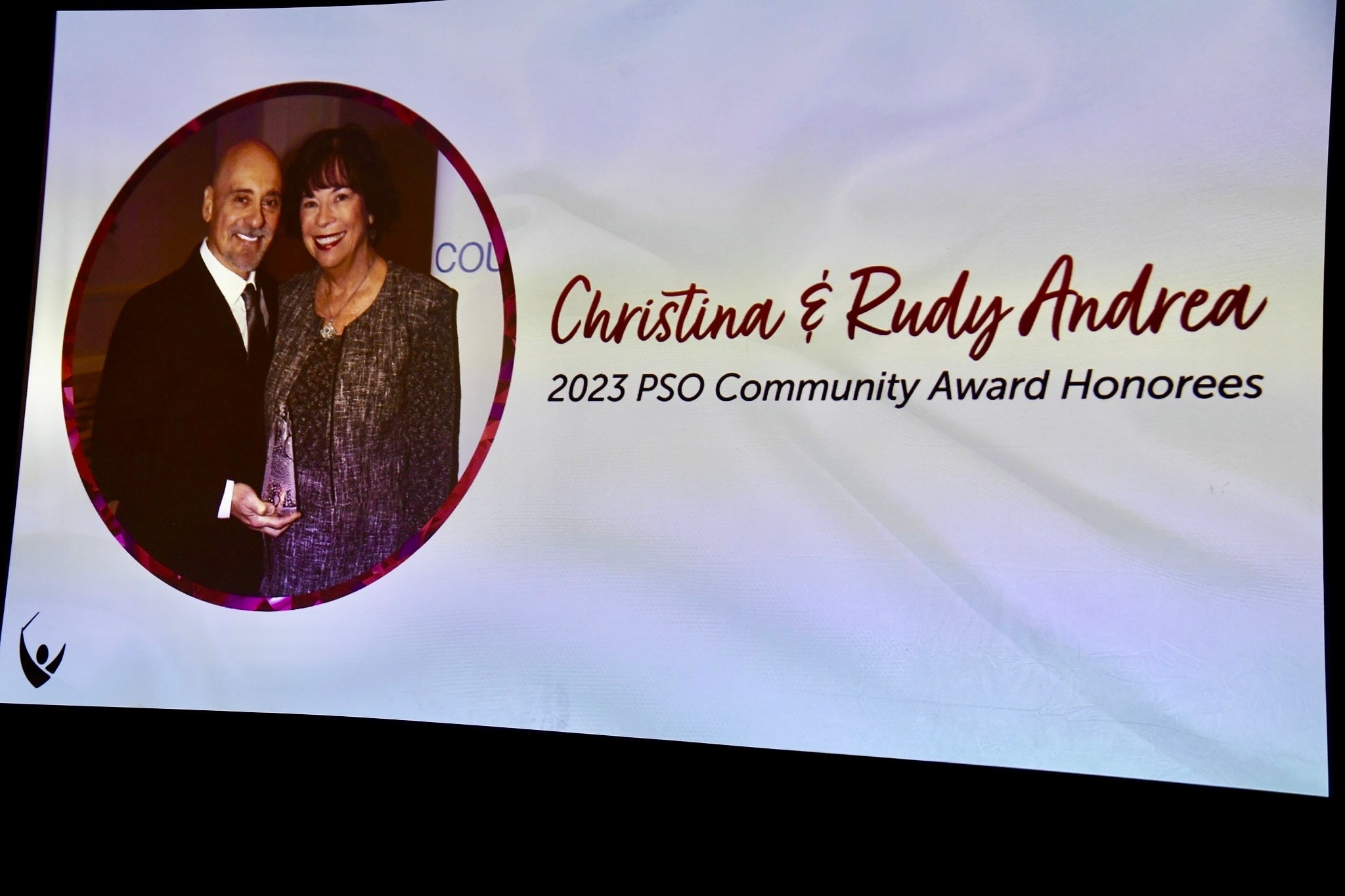 Christina and Rudy Andrea honored as 2023 PSO Community Award recipients on screen